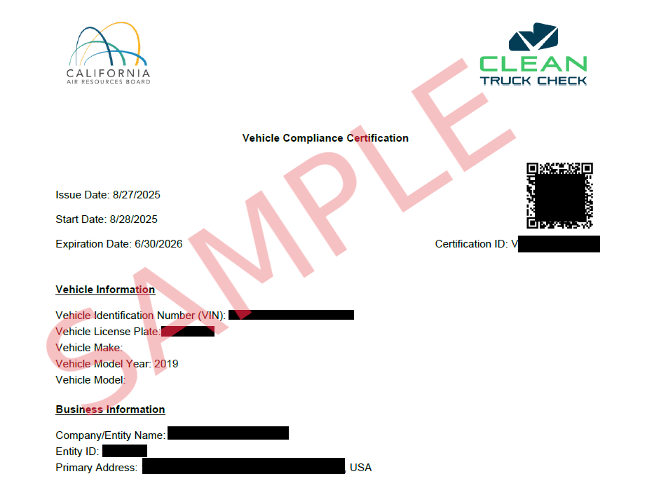 Clean Truck Check CTC Certificate