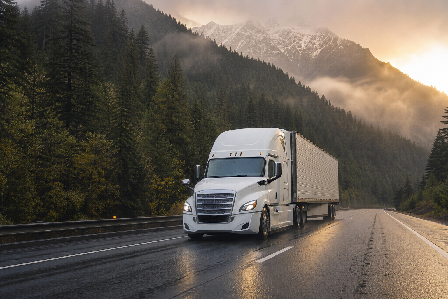 Class 8 semi-truck on Interstate 5 through the Oregon Cascade Mountains — Oregon truck permits and weight-mile tax for heavy vehicles