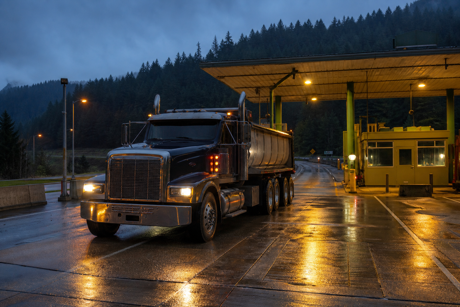 Heavy truck at an Oregon weigh station for a 10-day weight-mile temporary tax pass