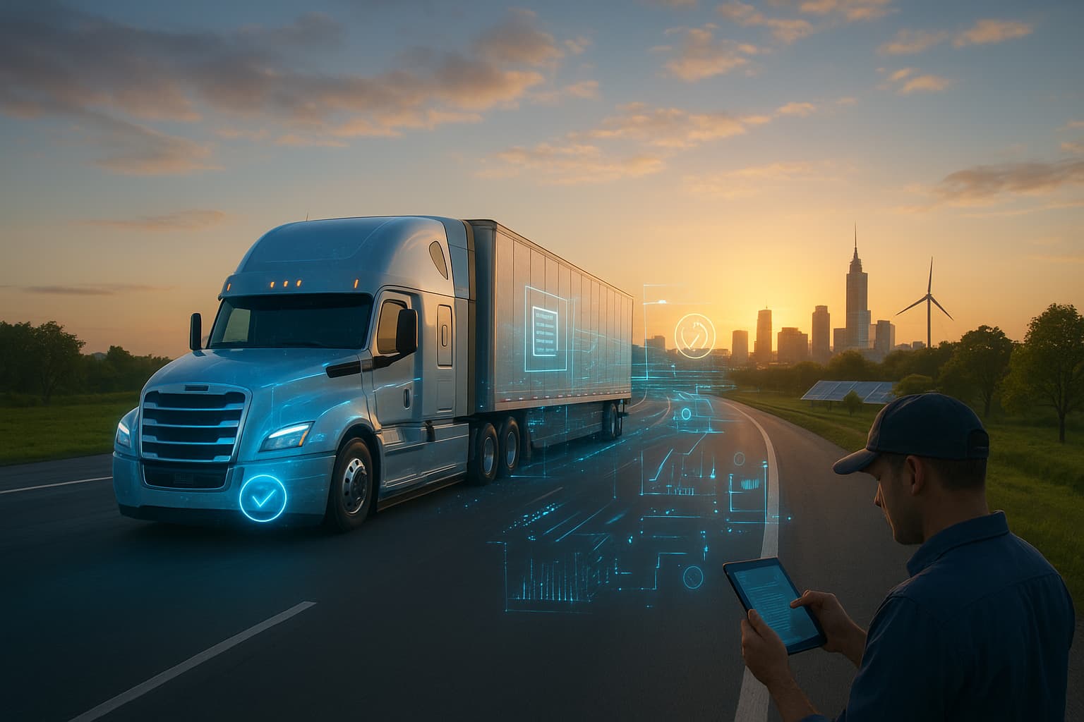 Truck driving on a highway towards the horizon